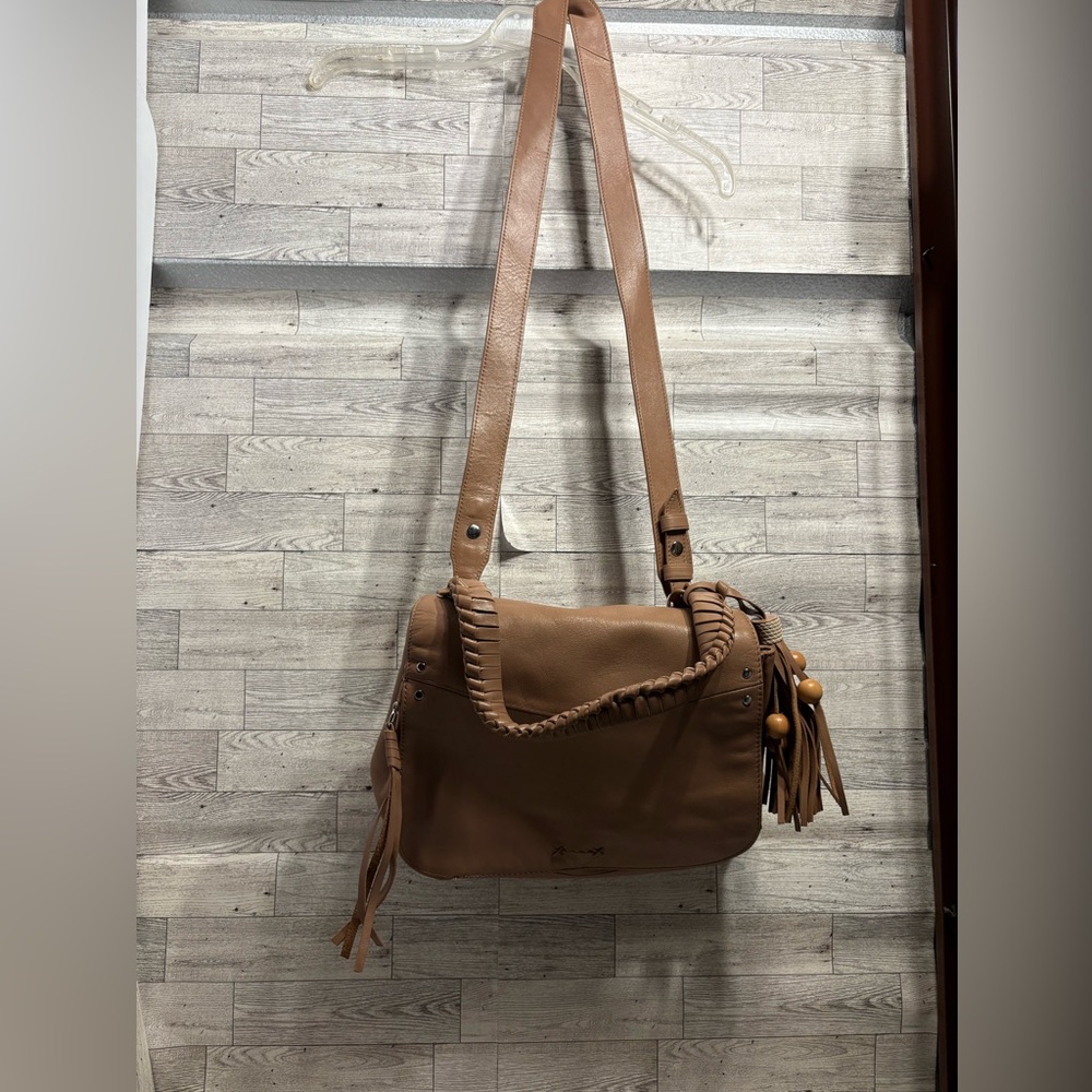 Elizabeth and James  Tan Shoulder Bag with Fringe Accents